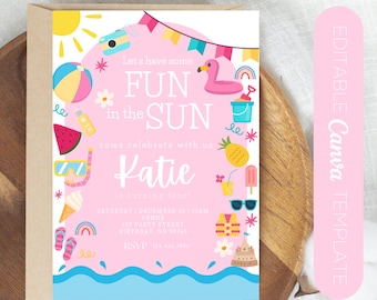Fun in the Sun Girl Birthday Invite | Canva Editable Birthday Invite | Fully Editable Summer Pool Party Invitation | Summer Girl Birthday