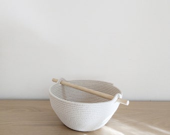 Coiled Cotton Basket with Wooden Handle, Small