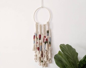Modern Fiber Art Wall Hanging, Bohemian & Eclectic Decoration, Macramé Wall Hanging with Colored Accents