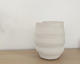 Uniquely Shaped Coiled Cotton Basket, Pot Basket, Modern Storage Basket, Wabi Sabi Decor
