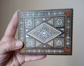 Vintage micro mosaic box, shell, mother of pearl, wood marquetry. Trinket box, ring box, jewel box. Middle eastern mosaic box.
