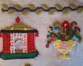 Antique sampler, embroidered needlepoint sampler 1889, colourful circus theme. 1800s needlework, woolwork. Cross stitch sampler.