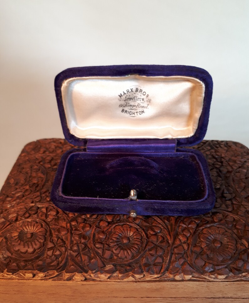 Royal blue mohair velvet with printed satin inner lid metal clasp, Vintage velvet ring box Marx Brothers jewellers Brighton England