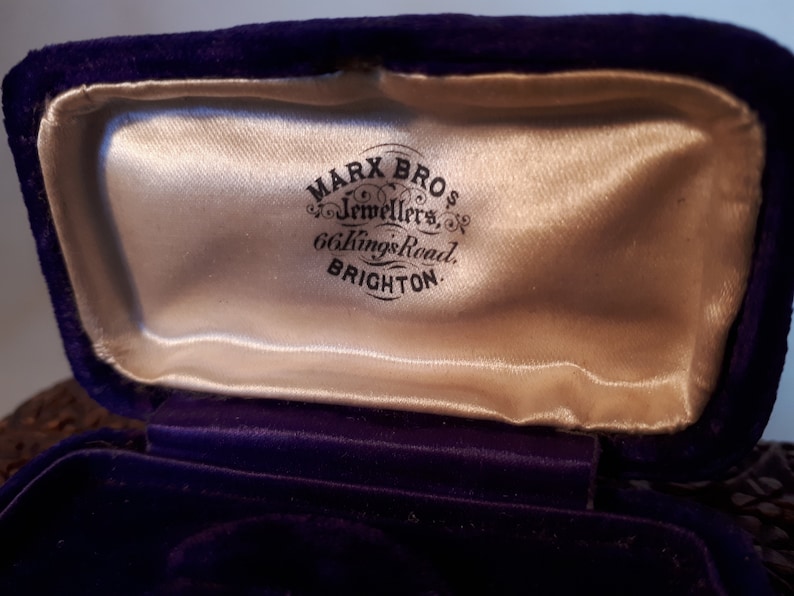 Royal blue mohair velvet with printed satin inner lid metal clasp, Vintage velvet ring box Marx Brothers jewellers Brighton England