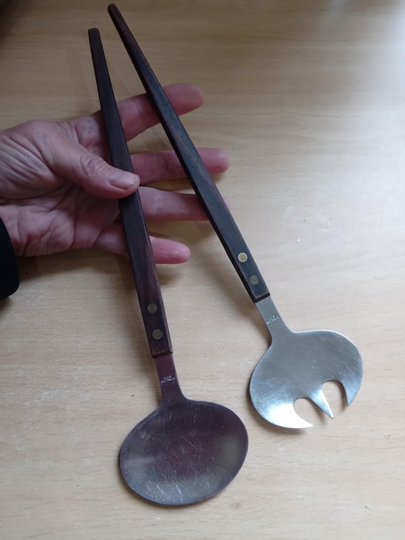 Midcentury Modern Teak Salad Servers: Danish Stainless Steel Tongs