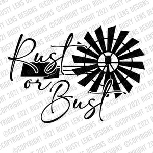 Puede incluir: Diseño gráfico en blanco y negro con un molino de viento y el texto "Rust or Bust".