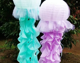 Jellyfish lantern with tulle fabric covering and tissue tentacles LIGHT UP OPTION choose from purple aqua coral pink gold and more