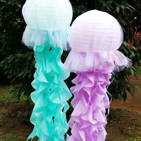 Jellyfish lantern with tulle fabric covering and tissue tentacles LIGHT UP OPTION choose from purple aqua coral pink gold and more