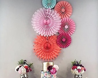 Coral Mint pink paper fan backdrop tissue and paper fans