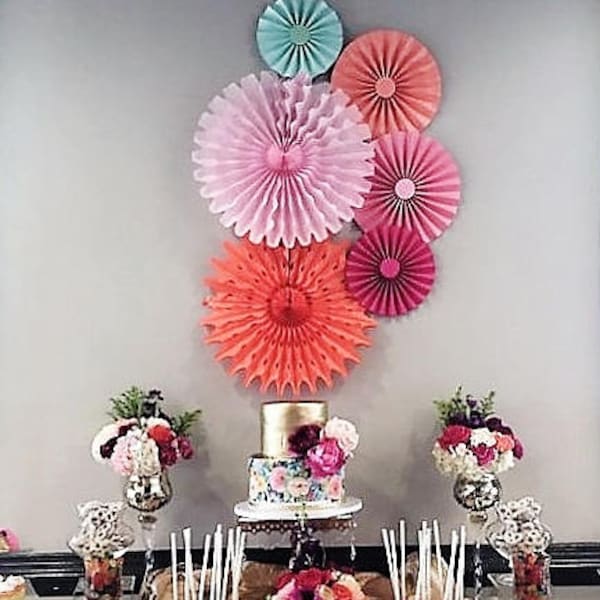Coral Mint pink paper fan backdrop tissue and paper fans