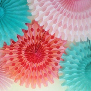 XL Coral aqua light pink tissue fans backdrop or hanging decorations 13&quot;-26&quot;