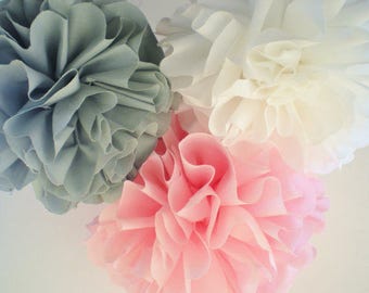 Fabric pom poms large pink gray white 10", 9", and 8" perfect for nursery decor or room decor to add a pop of color cloth balls hanging