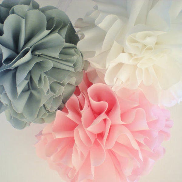 Fabric pom poms large pink gray white 10", 9", and 8" perfect for nursery decor or room decor to add a pop of color cloth balls hanging