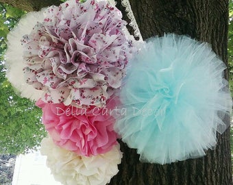 Shabby chic fabric pom poms hanging decor, set of 5 fabric and tulle pom-poms light blue pink cream floral