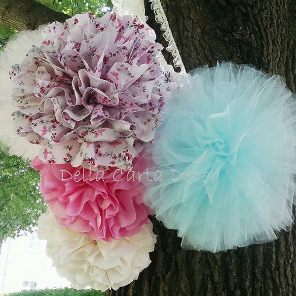 Shabby chic fabric pom poms hanging decor, set of 5 fabric and tulle pom-poms light blue pink cream floral