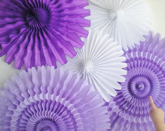 Purple lavender white tissue fans for photo backdrop and table backdrop hanging decorations pinwheel backdrop