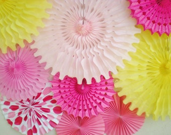 Pink Lemondade paper fans backdrop Pink, hot pink, yellow, light pink polka dots honeycomb tissue fans for table or photo backdrop