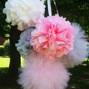 Light pink grey white fabric pom poms tulle pom poms Nursery hanging decorations baby shower and more