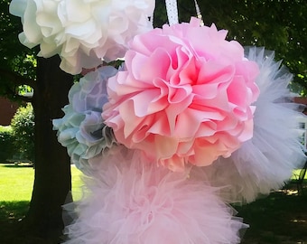 Light pink grey white fabric pom poms tulle pom poms Nursery hanging decorations baby shower and more