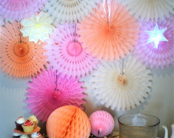 Pink, cream, peach paper fans backdrop set of 11 fans and honeycombs with 3 light up stars beautiful for table backdrop or photo backdrop