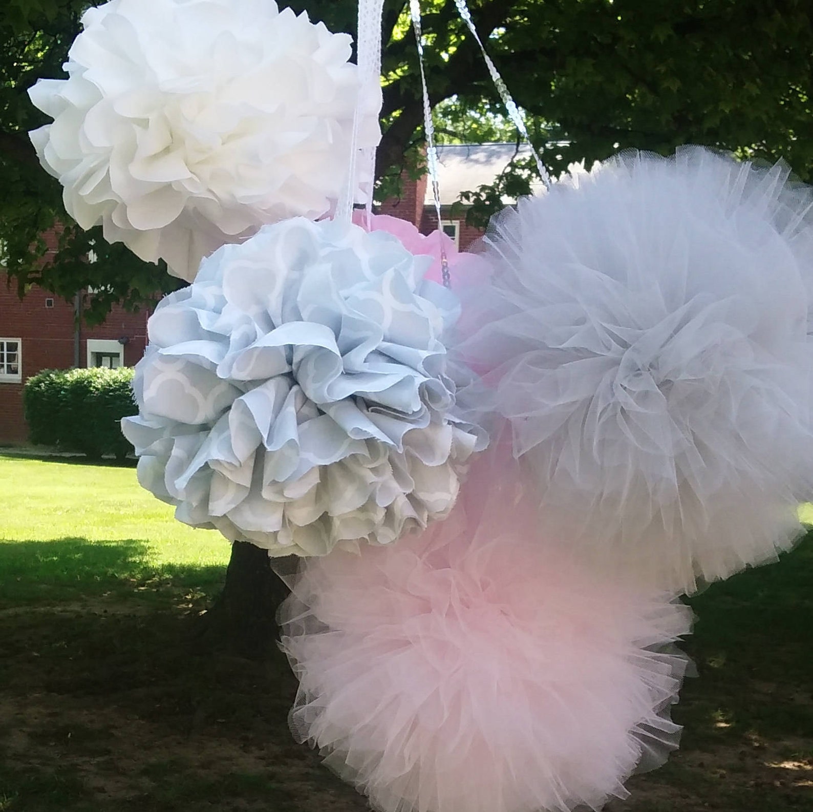 Light Pink Grey White Fabric Pom Poms Tulle Pom Poms Nursery Etsy