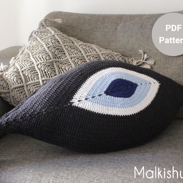 Crochet Evil Eye Pillow Cushion Cover &  a VIDEO tutorial for the first 4 rnds, instructions for the internal sewed pillow