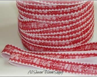 New Design! 2 yards Printed Lace Foldover Elastic, Red, 5/8" FOE, Foldover Elastic, Shiny Elastic, Elastic by the yard, Headband, DIY