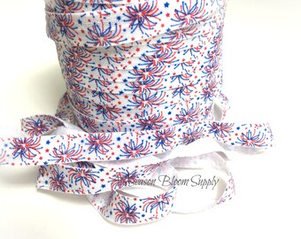 2 yards 4th of July Printed Fireworks Foldover Elastic, 5/8" FOE, Patriotic, Shiny Elastic, selling elastic by yards, Headband, DIY