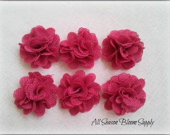 Set of 3  Mini Burlap Flowers, Hot Pink, Fabric Flower, Rosettes, DIY, Hair Accessories, Baby Headbands, 2"