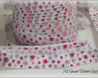 7/8 " Printed Pink Polka Dots Silver Foil Foldover Elastic, FOE, Shiny Elastic, Elastic by the yard, Headband, DIY