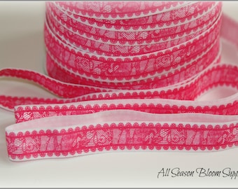 New Design! 2 yards Printed Lace Foldover Elastic, Hot Pink, 5/8" FOE, Foldover Elastic, Shiny Elastic, Elastic by the yard, Headband, DIY