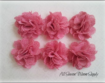 Set of 3  Mini Burlap Flowers, Pink, Fabric Flower, Rosettes, DIY, Hair Accessories, Baby Headbands, 2"