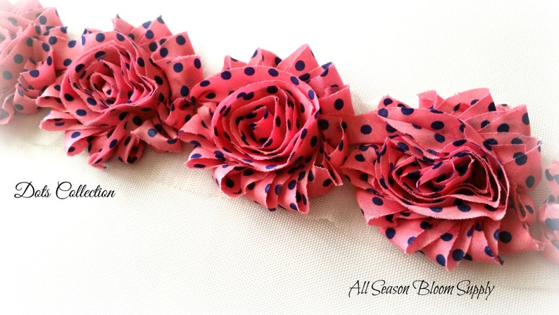 Dots Collection Shabby chic Chiffon flower Printed Shabby Flower Blue Dots Printed on Pink Shabby Flower Shabby trim