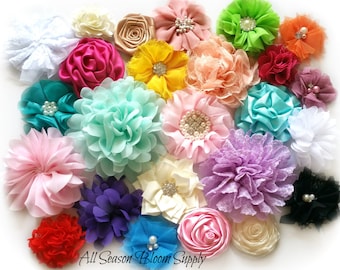 Grab Bag of 10  or 20 Fabric Flowers- Chiffon Flowers- Shabby flower - Lace Flower- Shabby Chic - Rosettes - Chiffon Mesh Flowers