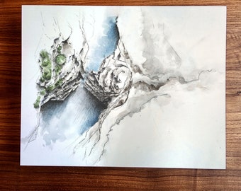 Landschaft Druck, Aquarell Kunst, Berg Malerei, Fluss Kunst, Baum des Lebens, Minimalistischer Druck, Wand Dekoration, Natur Wandkunst, Geschenk für Sie