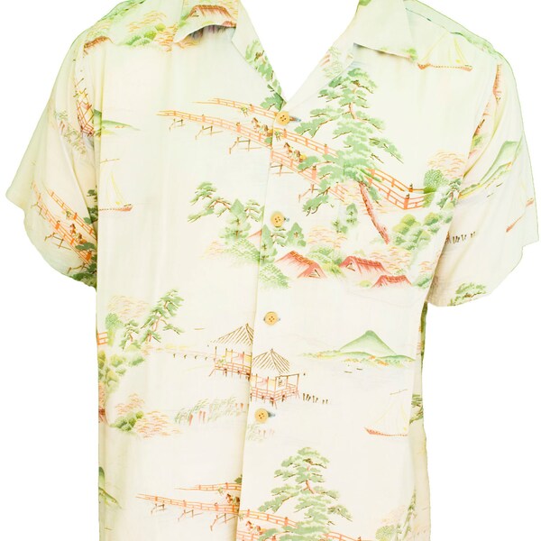 1950s Large Shirt Mens Silk Hawaiian Tropical Japanese Chinese Bride Landscape Print Asian Vacation Resort World Traveler Greaser Rockabilly