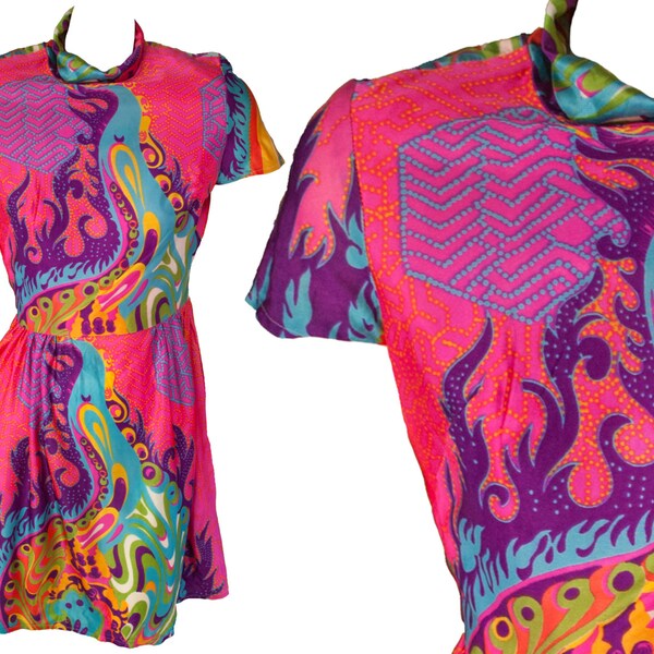 1960s Medium Dress Psychedelic Neon Mini Rave Pucci Hot Pink Swirls Paisley Flower Power Child Trippy Stoner Mod Acid Trip Woodstock Swingin