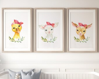 Set Of 3 Animal Prints, Nursery Wall Art, Baby Room Posters, Baby Girl Gift, Nursery Decor,