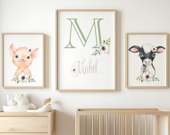 Set Of 3 Floral Animals, Nursery Wall Art, Baby Room Posters, Baby Girl Gift, Nursery Decor,