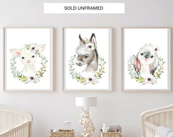 Set of 3 Farm Animal Watercolour Prints, Nursery Decor Prints, Child's Bedroom Art, Bunny, Pony,  Lamb Prints