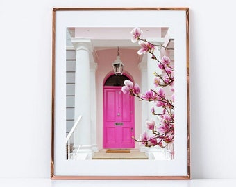 London Wall Art Print – Notting Hill Pink Door with Magnolia, London Photography, Soft Pastel Decor, UK Travel Photo
