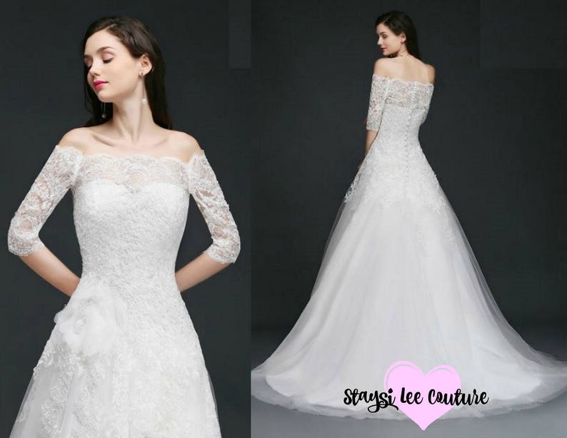 Vintage Wedding Dresses 3 4 Length Sleeves Off the Shoulders
