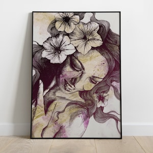 Ritratto espressivo sorriso di donna • Stampa artistica giclee su carta • Dea greca quadro arte moderna floreale • Poster fiori petunie