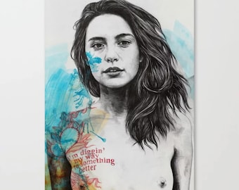 Woman face sketch pencil portrait • Nude woman drawing • Doodle art • Watercolor modern wall art • Nude girl erotic wall art • Zentangle