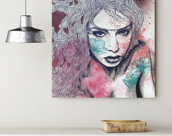 May include: A square canvas art print featuring a detailed illustration of a person with long, flowing hair. The artwork uses a combination of pink, teal, and gray tones, with floral accents on the face and shoulder. The background has a maroon hue.
