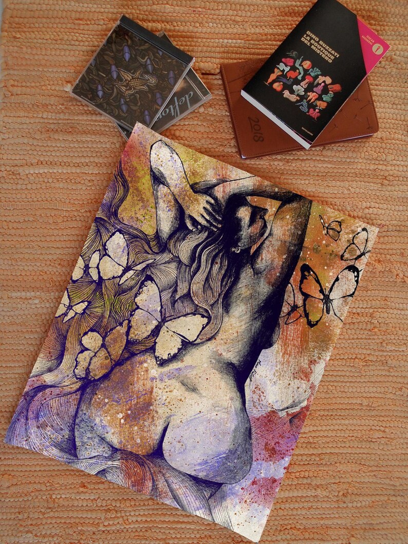 Curvy nude woman erotic poster • Pin up lady portrait fine art giclée print • Butterflies wall art • Big booty sexy girl poster • Modern art image 3