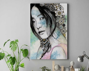 Japanese woman portrait • Street art giclee canvas print • Doodles mandala drawing • Asian lady portrait on canvas • Female figure wall art