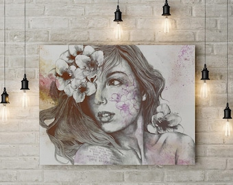 Beautiful woman with flowers wall art • Expressive female portrait • Contemporary art canvas or metal print • Street art modern wall art