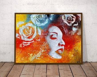 Graffiti giclée art print • Woman portrait painting • Roses illustration • Pop art floral poster • Abstract flowers modern wall art