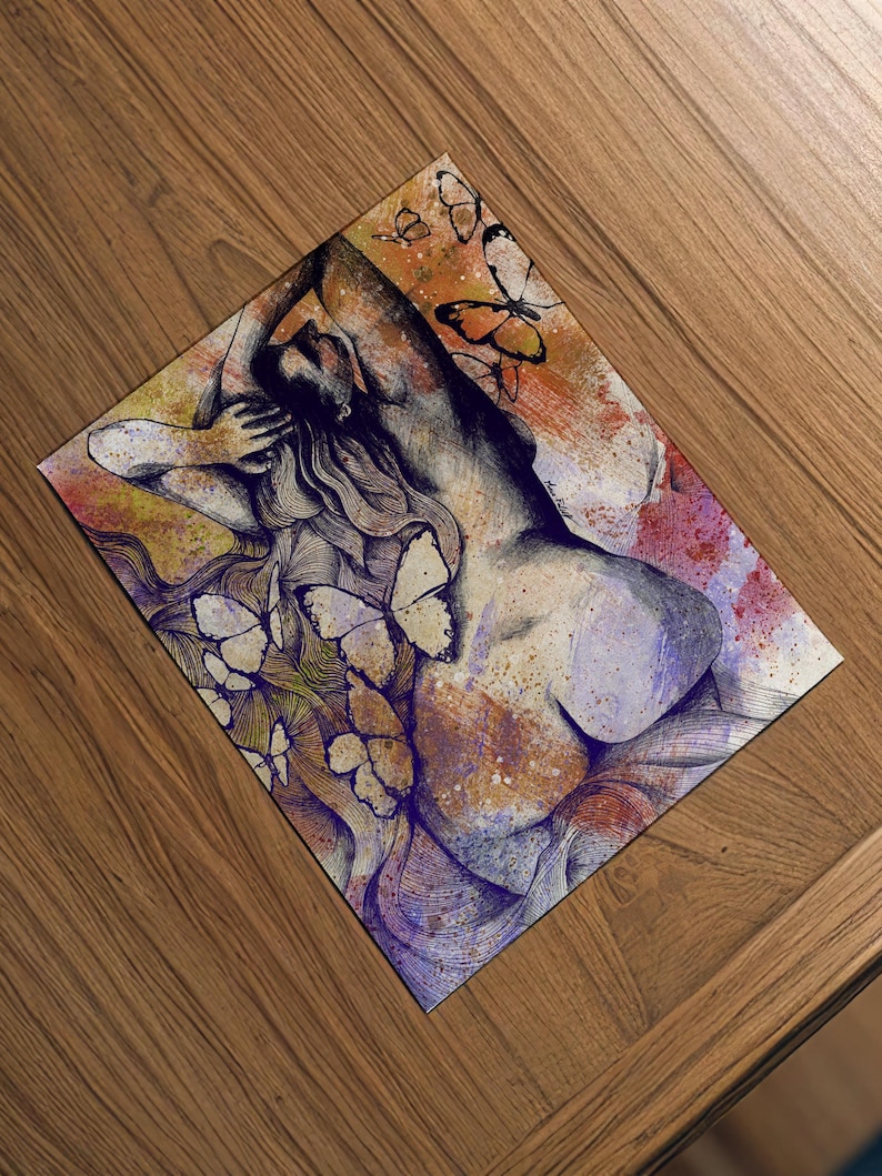 Curvy nude woman erotic poster • Pin up lady portrait fine art giclée print • Butterflies wall art • Big booty sexy girl poster • Modern art image 8